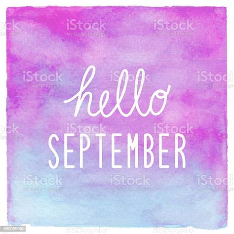 Hello September Text On Blue And Purple Watercolor Background Stock