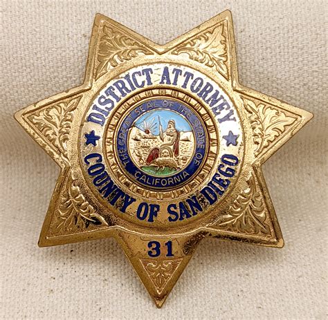 Late 1960s San Diego Co CA District Attorney Badge #31 by Entenmann ...