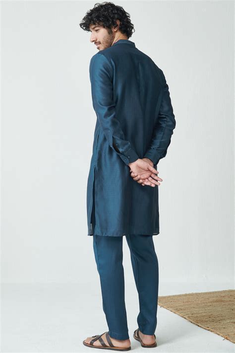 Buy Blue Handcrafted Chanderi Kurta For Men Fgmnk Farida Gupta