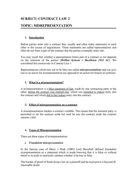 Contract Ii Misrepresentation Subject Contract Law 2 Topic