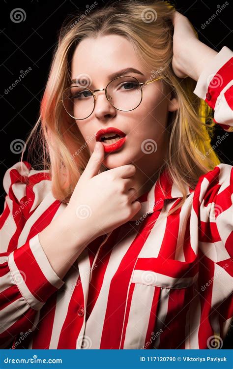 Closeup Portrait Of Seductive Blonde Girl With Red Lips Wearing Stock Photo Image Of