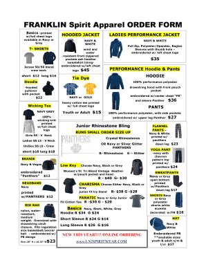 Fillable Online FRANKLIN Spirit Apparel ORDER FORM Sloanpto Fax