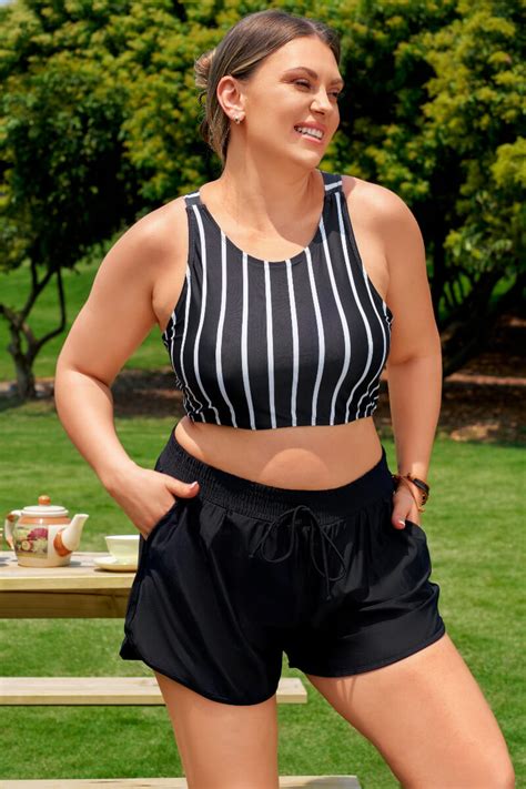 Black Striped Crossback Timeless Plus Size Bikini Top With Boy Short Set