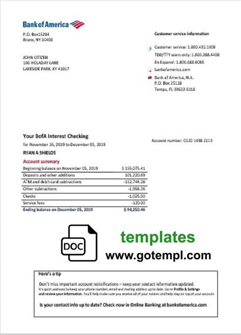 Editable Bank Of America Bank Statement Template