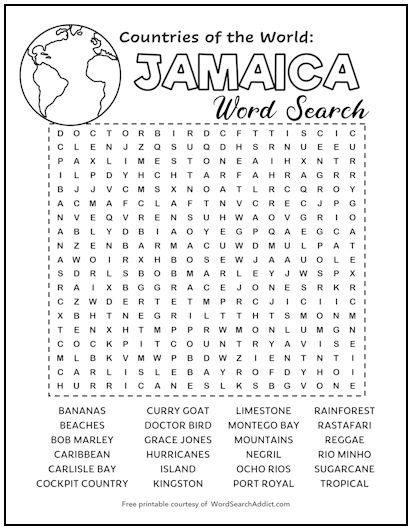 Jamaica Printable Word Search Puzzle Word Search Addict