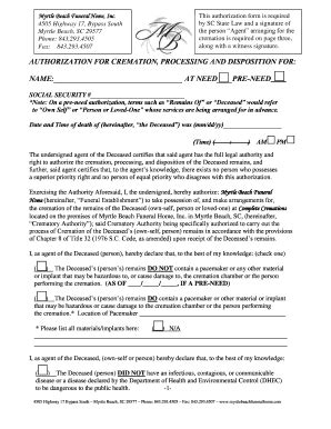 Fillable Online Authorization For Cremation Processing And