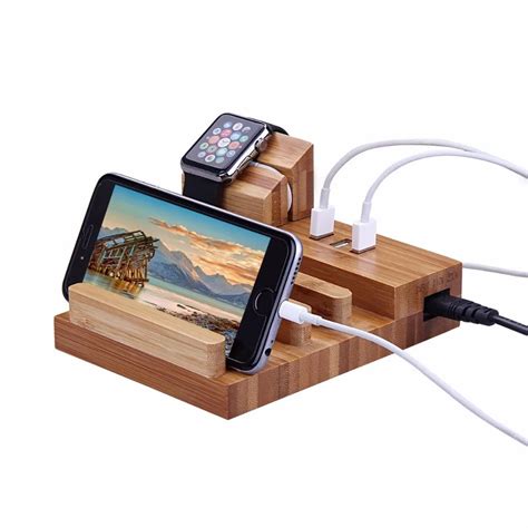 Multi Function Natural Bamboo Wood Charge Station 5V 3 USB Dock Cradle