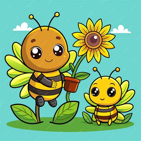 A cute cartoon bee with big eyes and black and yellow stripes stands