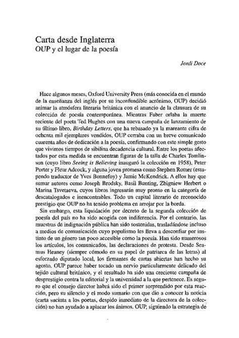 Carta De Inglaterra Oup Y El Lugar De La Poes A Jordi Doce