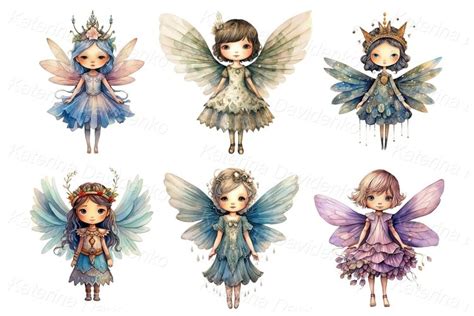 Collection of cute cartoon little fairies. Watercolor PNG