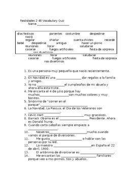 Realidades B Vocabulary Quiz By Spanish U Tpt