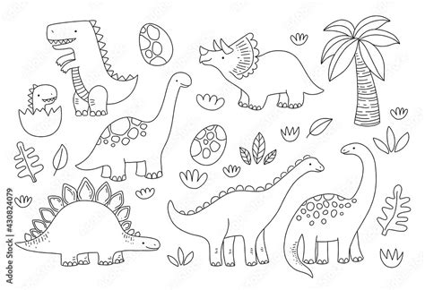 Cute dinosaur outlines in cartoon style. Kids coloring book ...