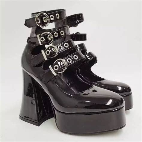 Black Buckle Chunky Platform Heel Boots Y2k Preppy Aesthetic Outfitsy2k