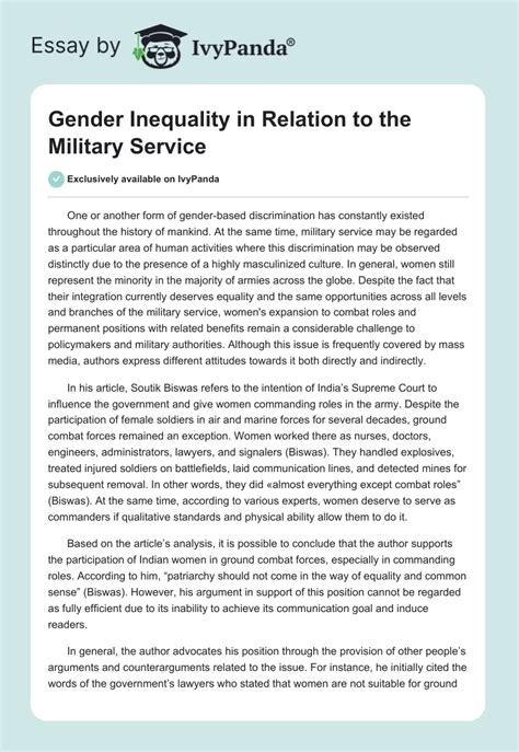 Gender Inequality In Relation To The Military Service 837 Words Essay Example