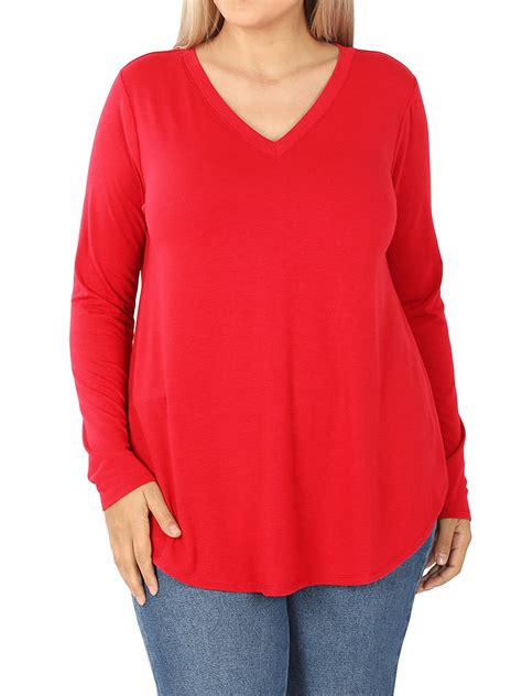 Zenana Plus Size Relaxed Fit Long Sleeve V Neck Round Hem Jersey Tee