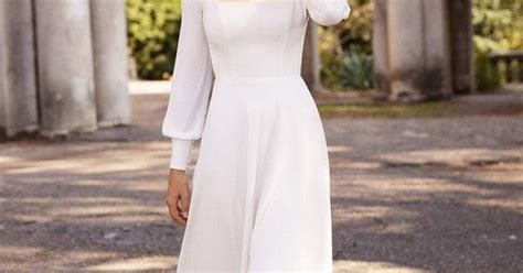 White Casual Wedding Dress Satin Fabric Square Neck Long Sleeves A Line