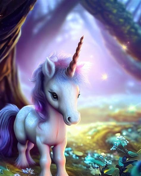 Un Unicornio Con Cabello Morado Y Cola Morada Se Encuentra En Un Bosque