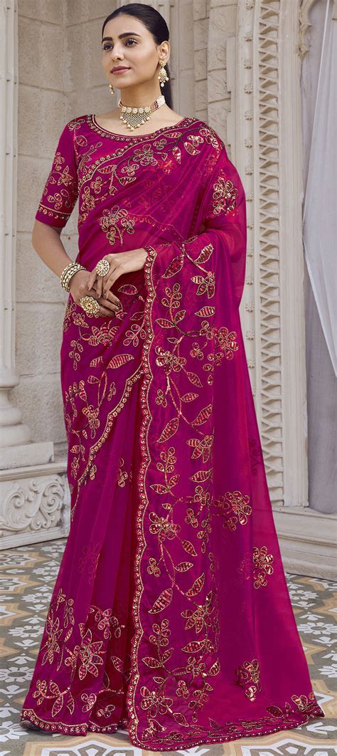 Festive Reception Wedding Pink And Majenta Color Shimmer Fabric Saree