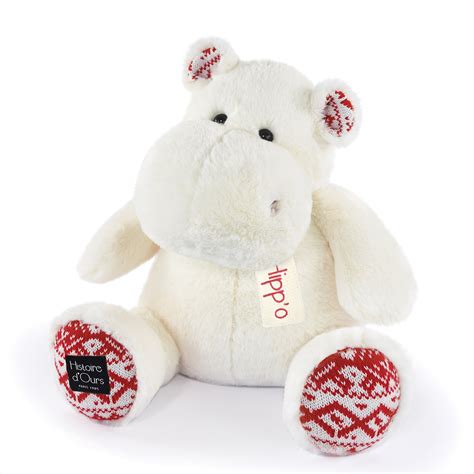 Peluche Hippopotame Beige Avec Pattes En Tissu Rouge Et Blanc 40 Cm