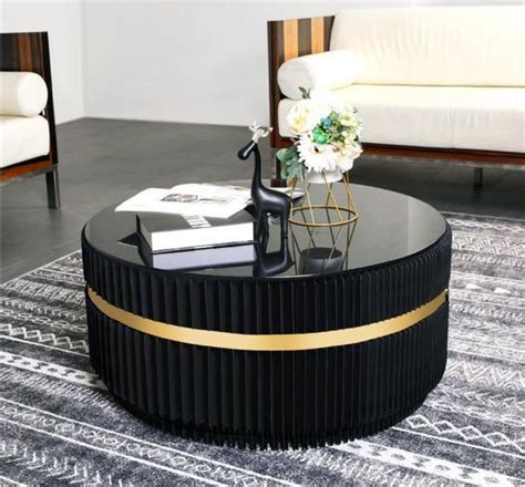 Modern Round Gold Black Nesting Coffee Table With Shelf Tempered Glass Top 2 Piece Set Homary