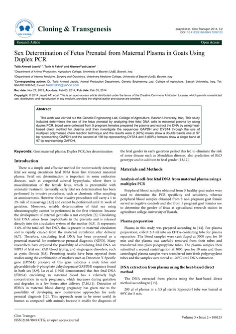 Pdf Sex Determination Of Fetus Prenatal From Maternal Plasma In Goats