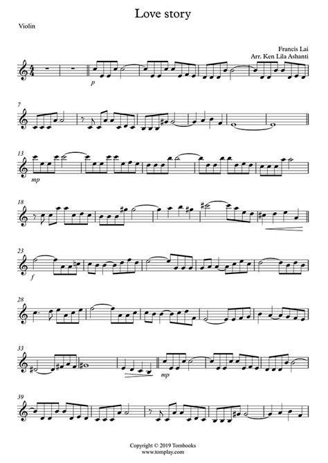 Love Story Easy Intermediate Level Francis Lai Violin Sheet Music