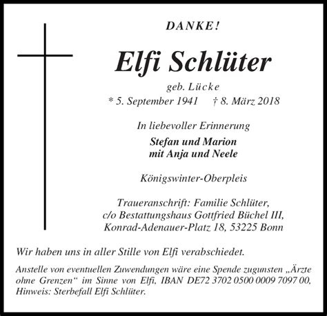 Traueranzeigen von Elfi Schlüter Trauer Gedenken