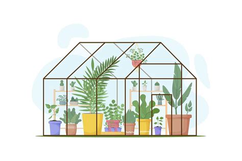 Planting greenhouse. Glass orangery, botanical garden greenhouse. Home ...