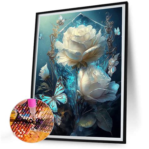 5D DIY Full Round Drill Diamond Painting White Rose Butterfly Kit Decor