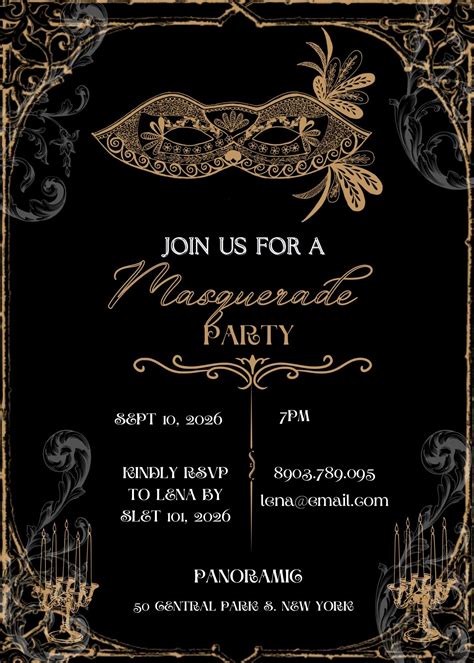 Elegant Masquerade Party Invitation | Black and Gold | Printable and