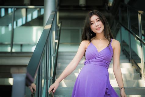 881733 4K Asian Bokeh Dress Brunette Girl Glance Smile Hands