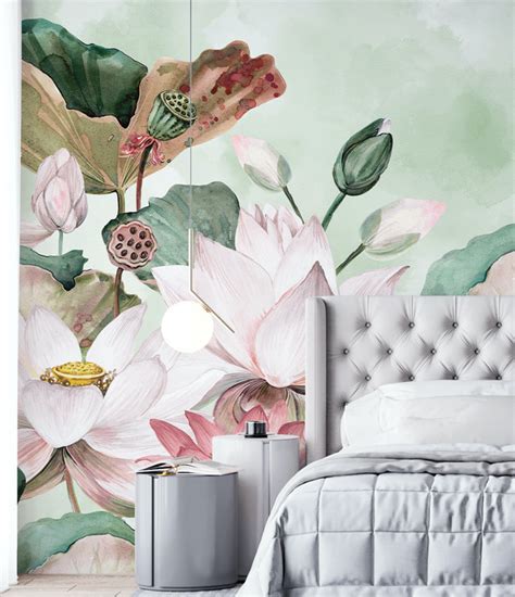 Lotus Flowers Water Lillies Wallpaper Mural In Mint Green And Pink Watercolour