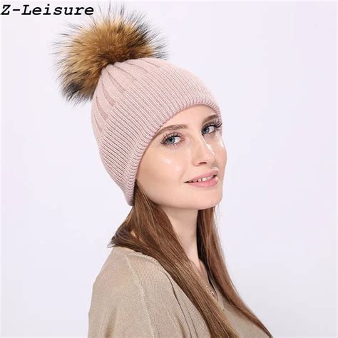 Women Winter Raccoon Wool Fur Pom Poms Hat Female Women Warm Knitted