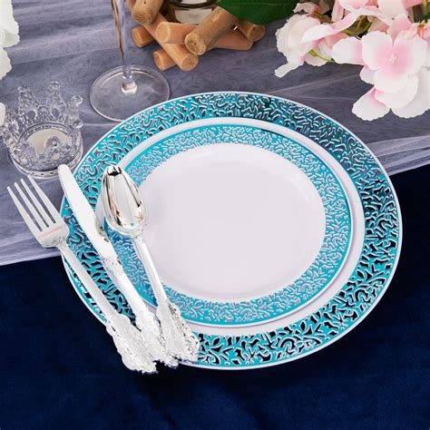 WELLIFE 180PCS Blue Plastic Plates With Silverware Blue Plastic