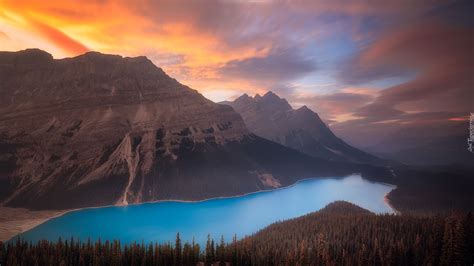 Kolorowe niebo nad górami Canadian Rockies i jeziorem Peyto Lake