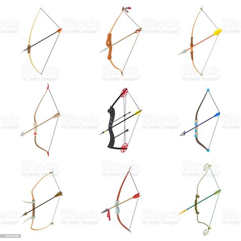 활 화살표 무기 아이콘 세트 등등 측정 스타일 양궁에 대한 스톡 벡터 아트 및 기타 이미지 양궁 등측투영법 3차원 형태