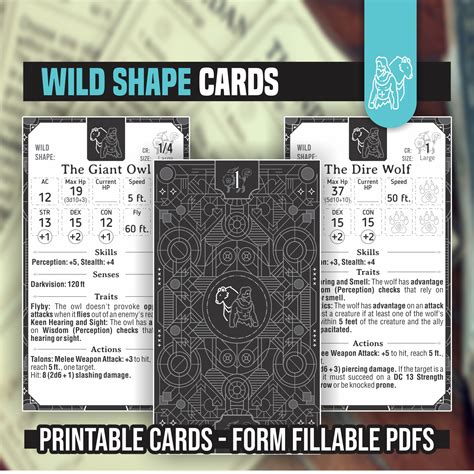 WILD SHAPE CARDS For The Druid DnD 5e Form Fillable PDFs Included