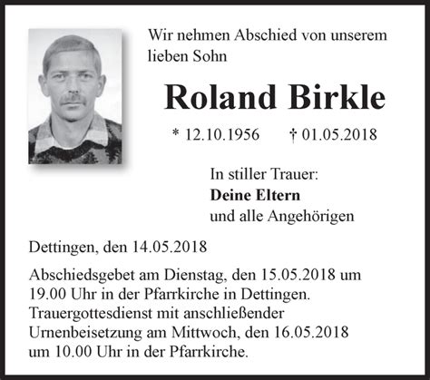 Traueranzeigen Von Roland Birkle Schwaebische De Trauerportal