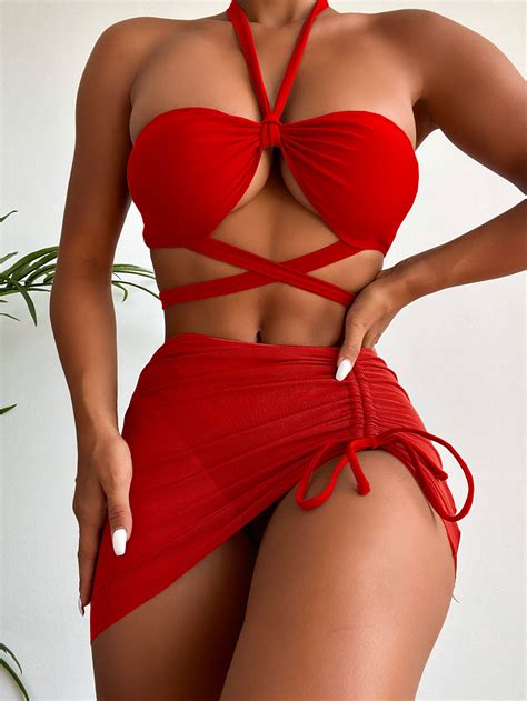 Pieces Bikinis With Skirt Halter Bikini Women Sw Vicedeal