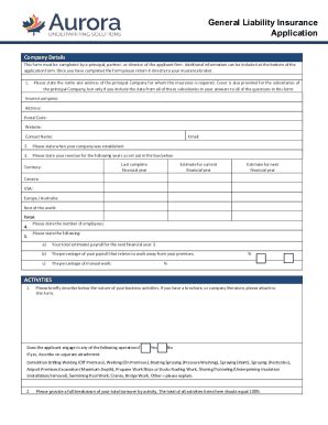 Fillable Online General Liability Insurance Application Form Fax Email