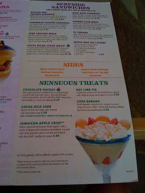 Menu at Cheeseburger in Paradise restaurant, Myrtle Beach