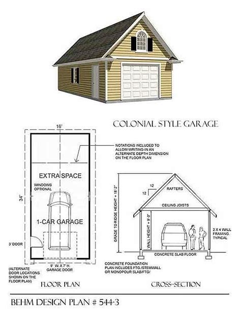 Oversized 1 Car Colonial Style Garage Plan 544 3 16 X 34behm Garage