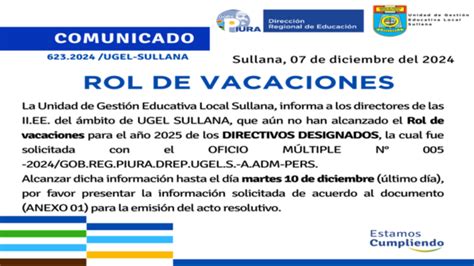 Rol De Vacaciones Noticias Unidad De Gesti N Educativa Local