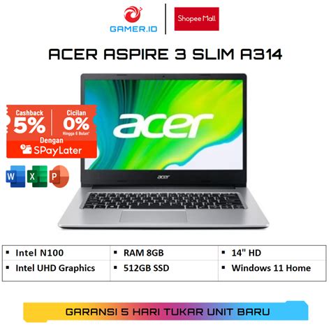 Jual Laptop Acer Aspire 3 Slim A314 Intel N100 8gb 512gb Ssd Win11