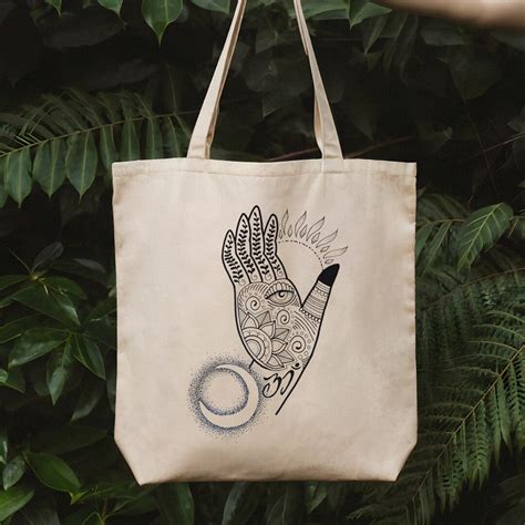Spiritual Mudra Tote Bag Hand Drawn OM, Sun, Moon, All Seeing Eye ...