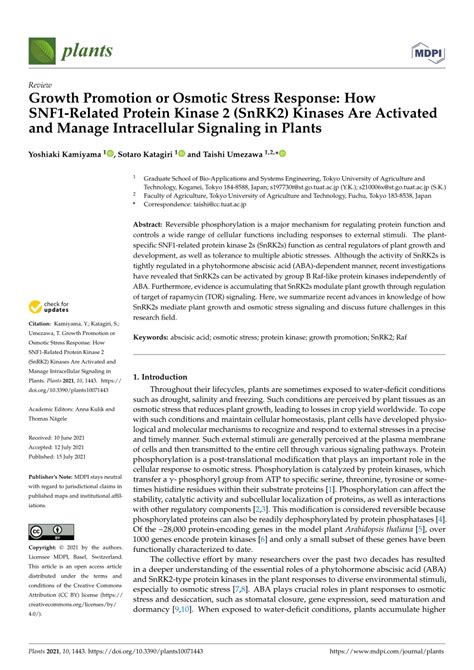 Pdf Growth Promotion Or Osmotic Stress Response How Snf1 Related Protein Kinase 2 Snrk2