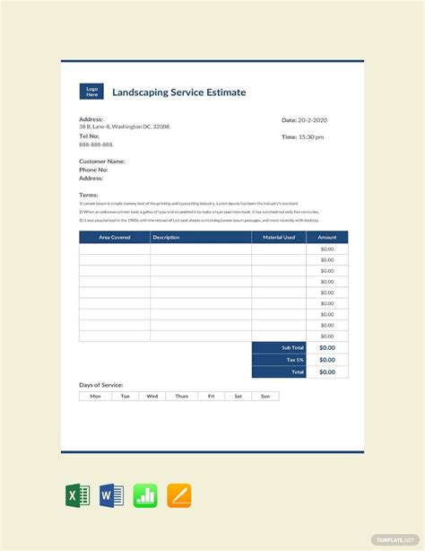 Landscaping Services Estimate Template - Google Docs, Google Sheets, Excel, Word, Apple Numbers ...