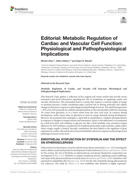 Pdf Editorial Metabolic Regulation Of Cardiac And Vascular Cell