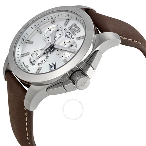 Longines Conquest Chronograph Silver Dial Brown Leather Mens Watch