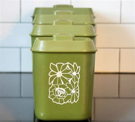 Avocado Green White Flowers Covered Kitchen Canisters Set Of Etsy